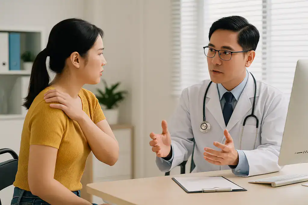 MRI 또는 어깨 X-ray 필름을 들여다보며 다른 진단명을 분석 중인 동양인 의료진. 병원 진료실에서 동일한 통증에 대해 다양한 진단명을 비교·설명하는 장면