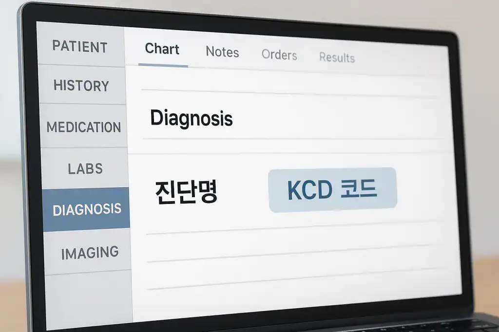 전자차트에 진단명과 KCD 코드가 보이는 화면