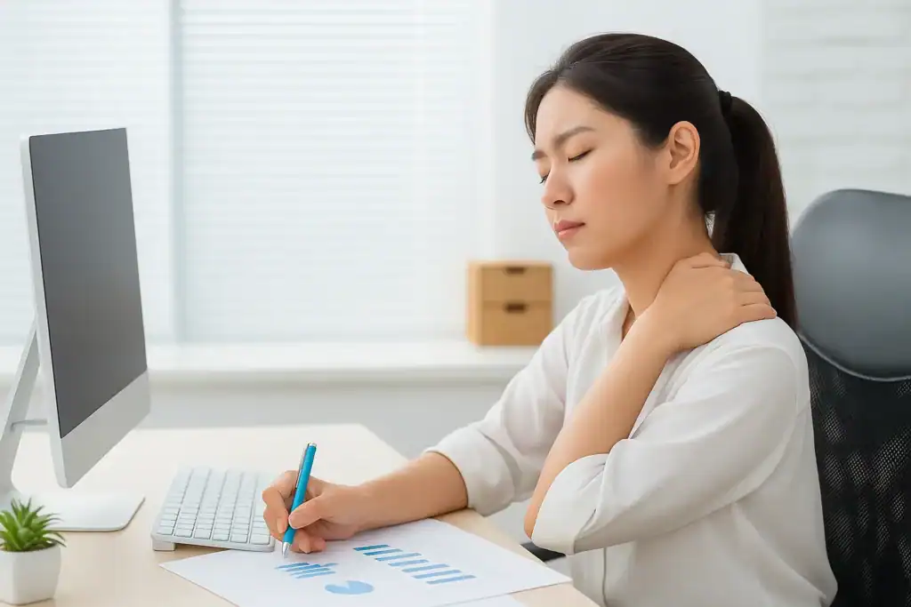 도수치료와 자세 교정이 필요한 상황. 컴퓨터 앞에서 잘못된 자세로 앉아 있는 동양인 여성 직장인,